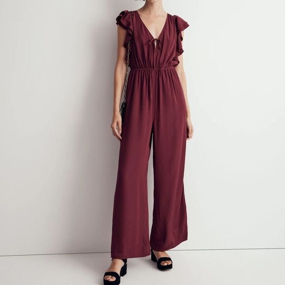MADEWELL Jacquard Deep-V Burgundy Ruffled Jumpsuit Size Medium - Picture 1 of 3